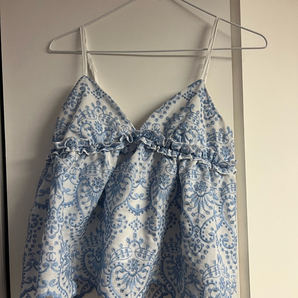 SHEIN White Dress with Blue Embroidery